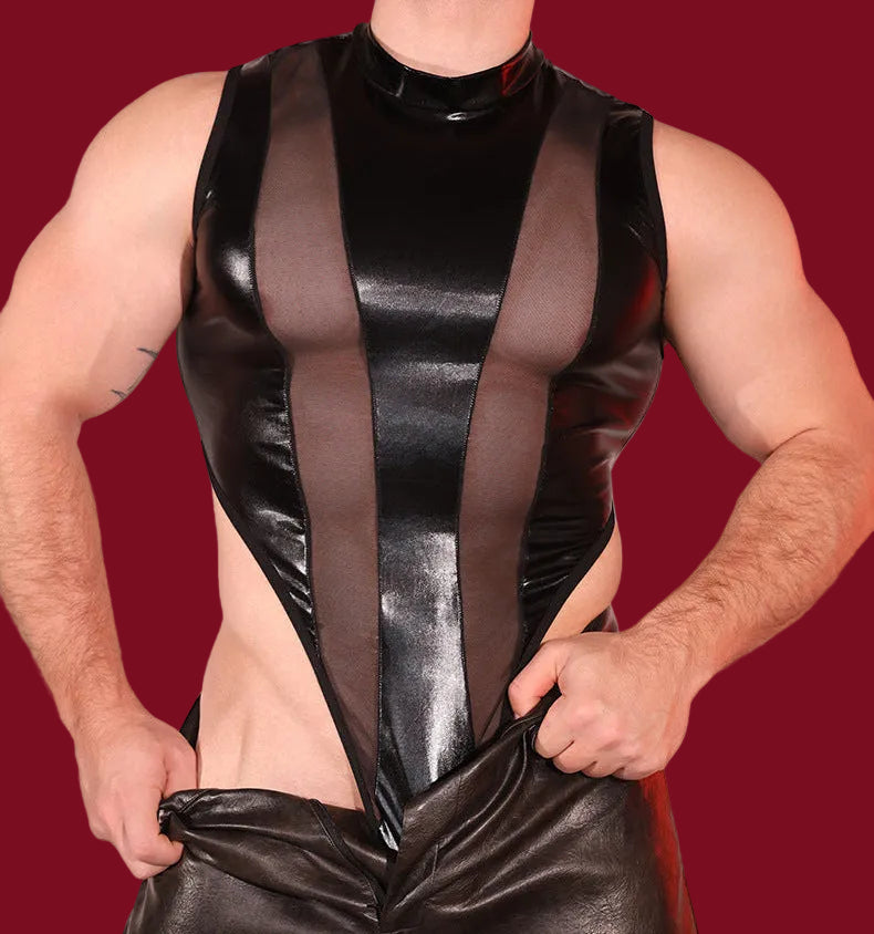 Men’s body-contouring bodysuit with mesh panels and structured fit, front detail.