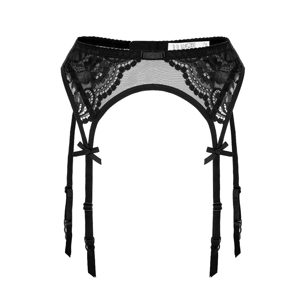 High-waist black lace garter belt with adjustable straps and a breathable mesh center.