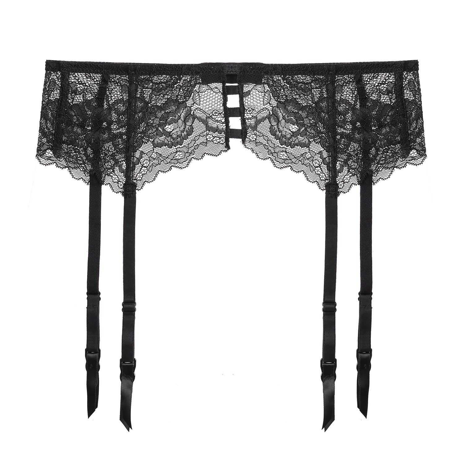 The Lace Ladder black garter belt featuring structured lace design and elegant suspender straps.