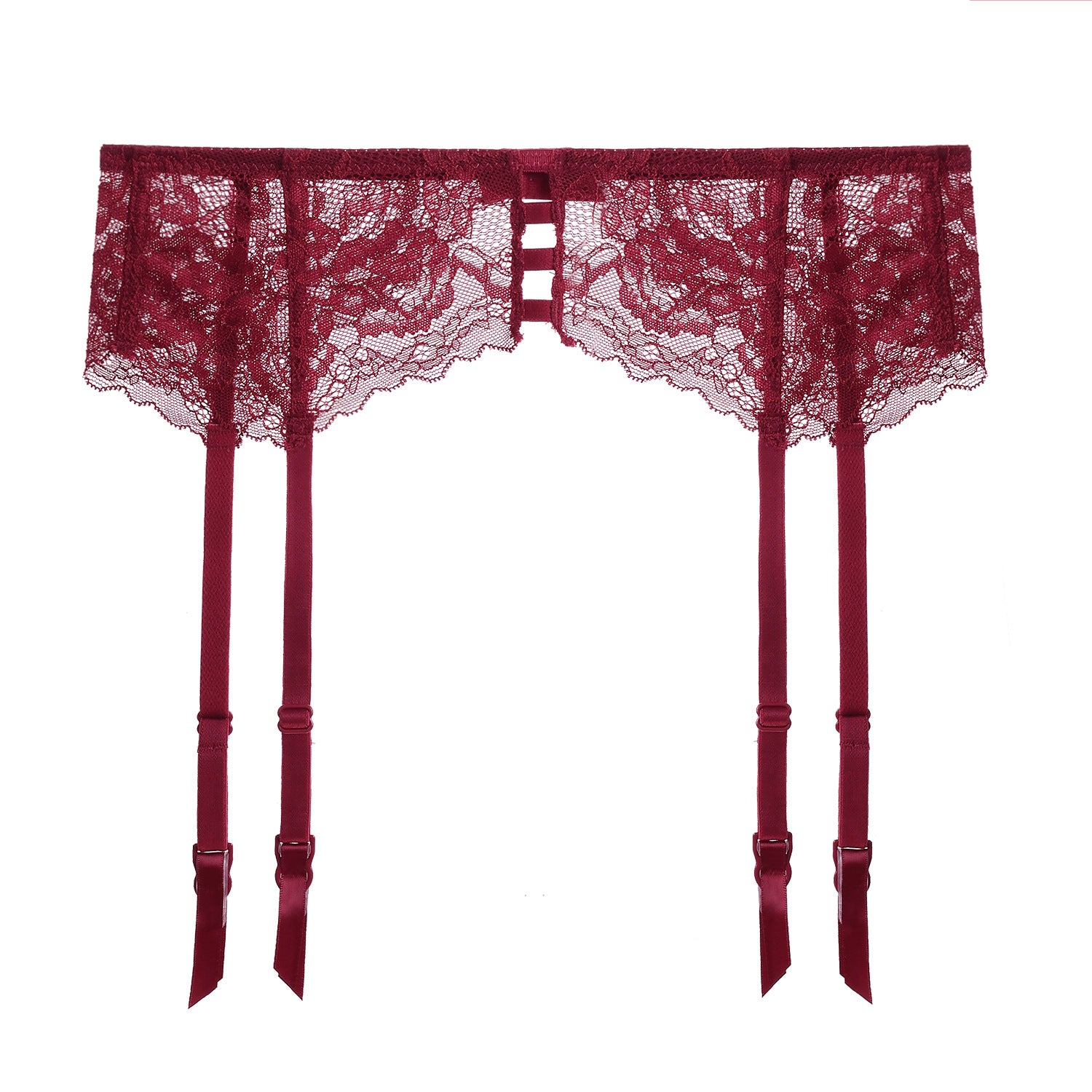 The Lace Ladder crimson red garter belt featuring structured lace design and elegant suspender straps.