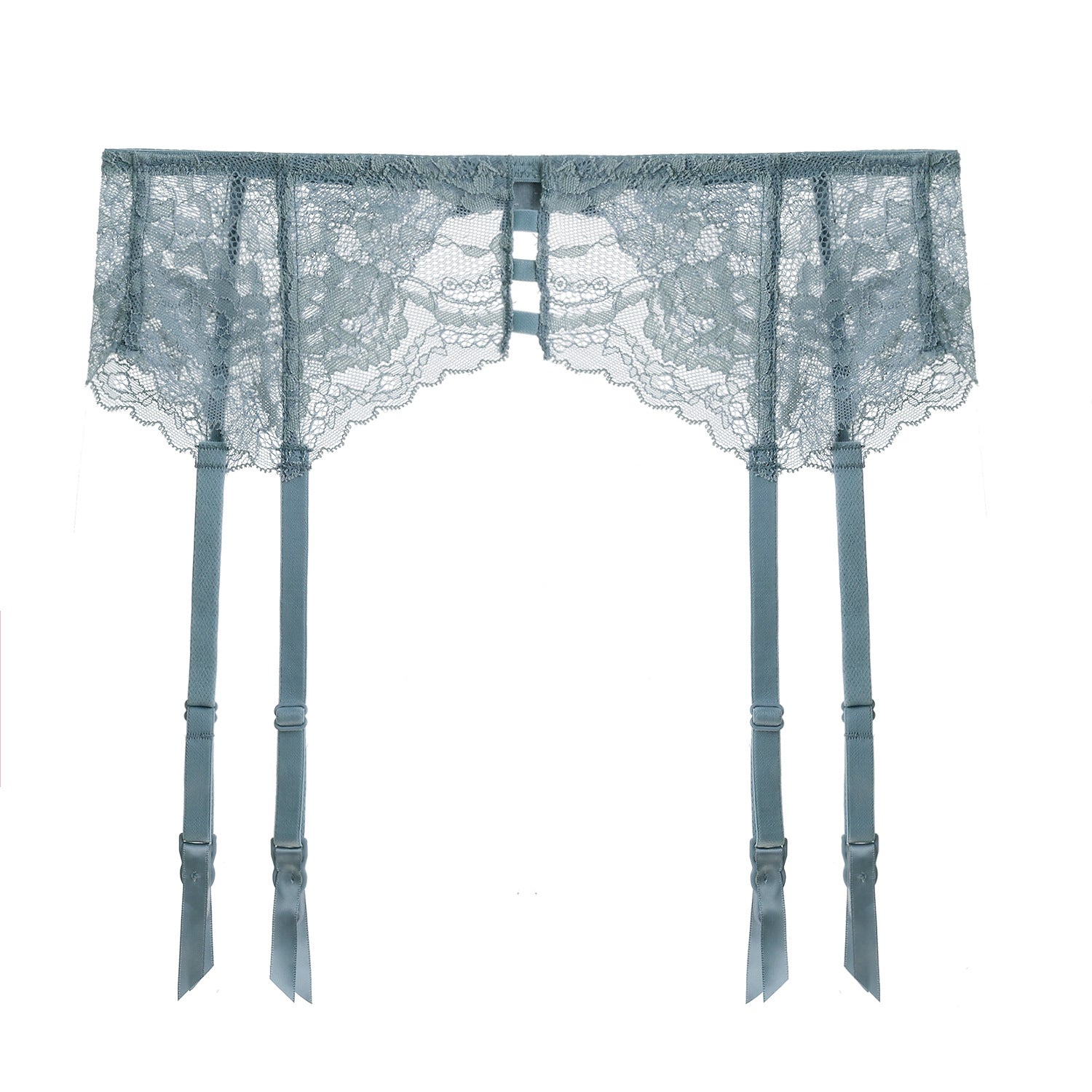 Refined lace garter belt with ladder strap design and adjustable suspenders, architectural luxury lingerie detail.