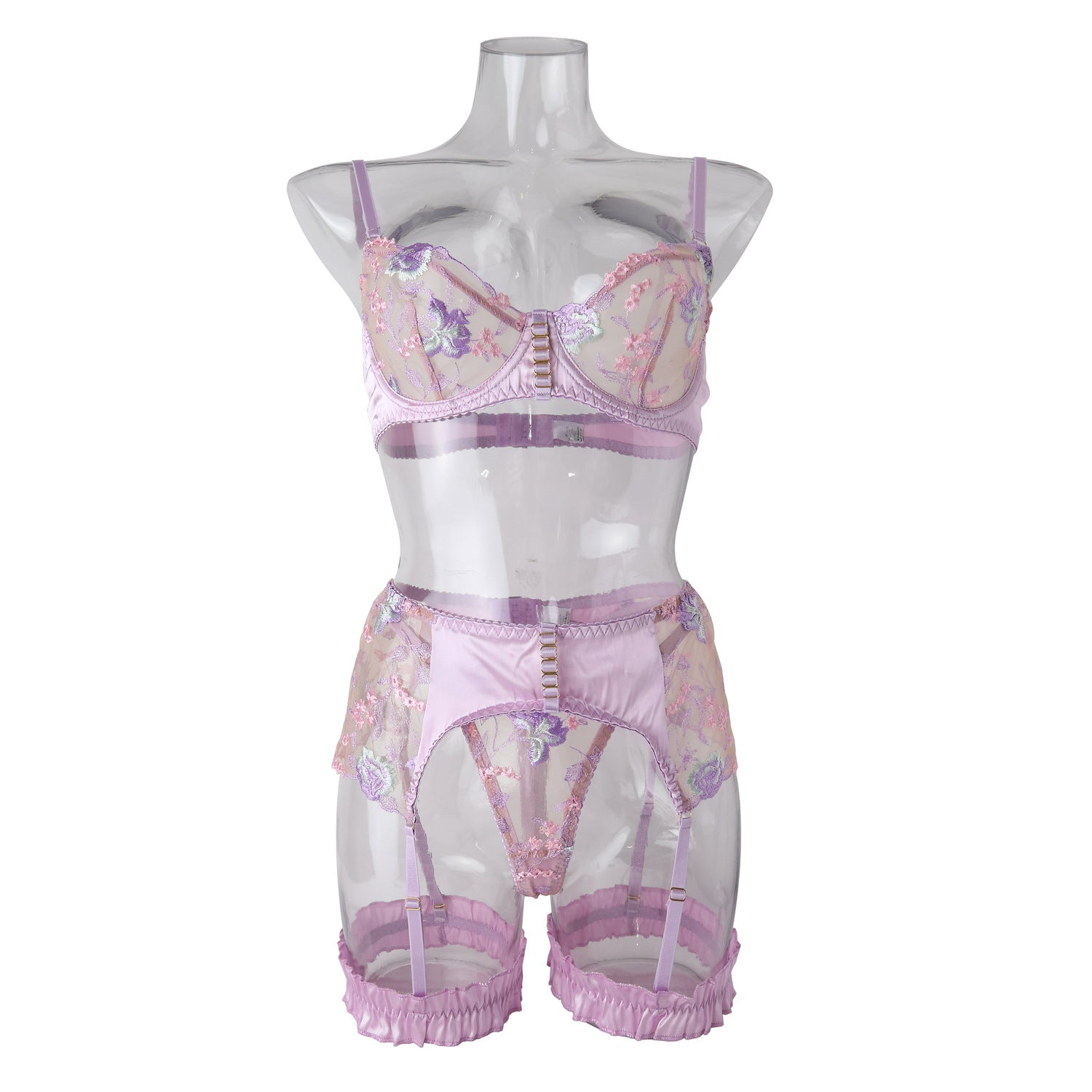 Lilac Sanctuary: A studio inventory view on a clear mannequin, providing a visual map of the 3-piece floral embroidery set and matching leg garters.