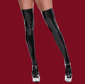Front view of black gloss vinyl Line of Control stockings against the signature mooods burgundy background, styled with high heels to showcase the sleek, reflective finish.