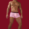 Men’s sheer mesh boxer in pink with elastic waistband and contoured fit.