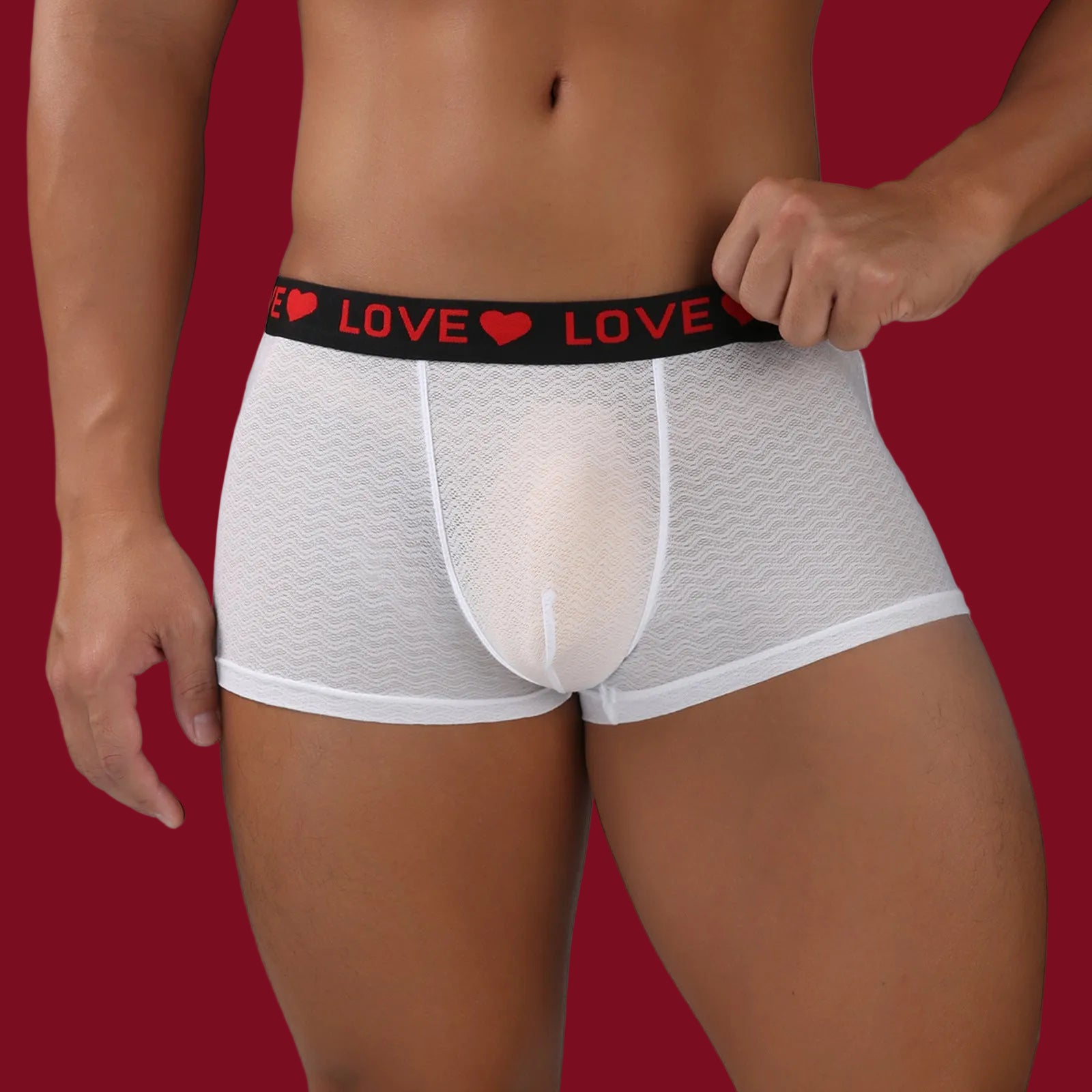 Men’s white sheer mesh boxer with contoured fit and elastic waistband, front view.