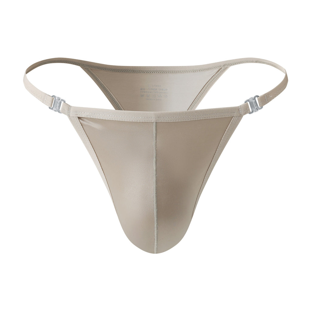 3D render of the silver Lucent Precision Satin Thong on a white background, highlighting sleek minimalist men’s thong lingerie silhouette.