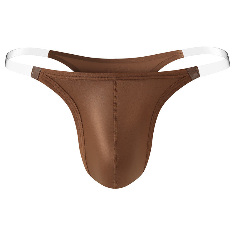 Men's Mocha Brown Lucent thong with a sculpted pouch and clear side elastics.