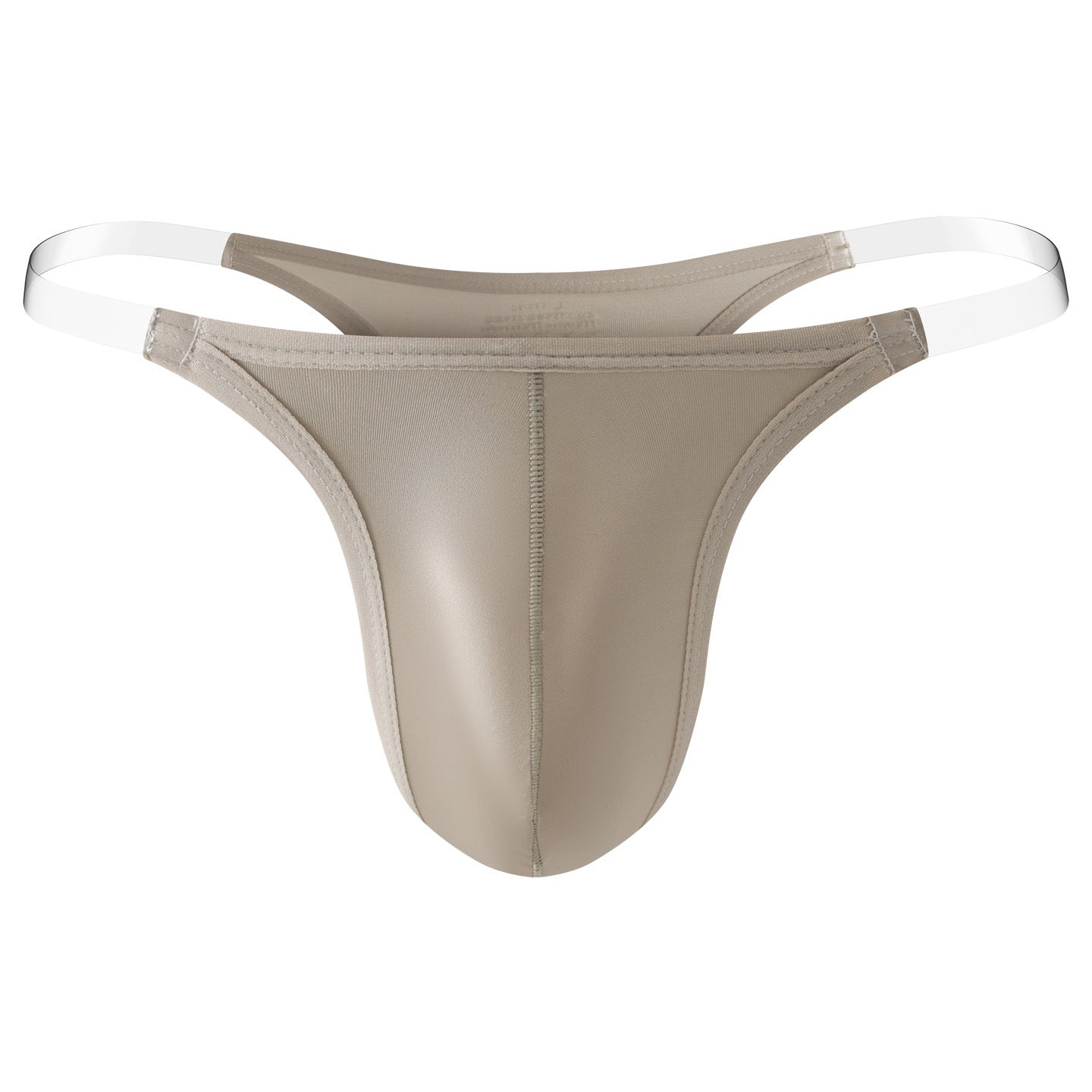 Silver men's thong with transparent side straps designed for a natural, invisible look.