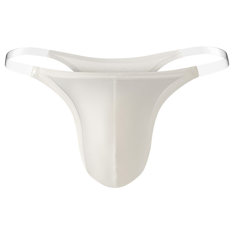 Minimalist white men's thong with clear side straps and a body-contouring front pouch.