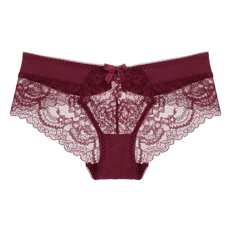 Front view of the Wine Red lace panty with a smooth satin waistband.