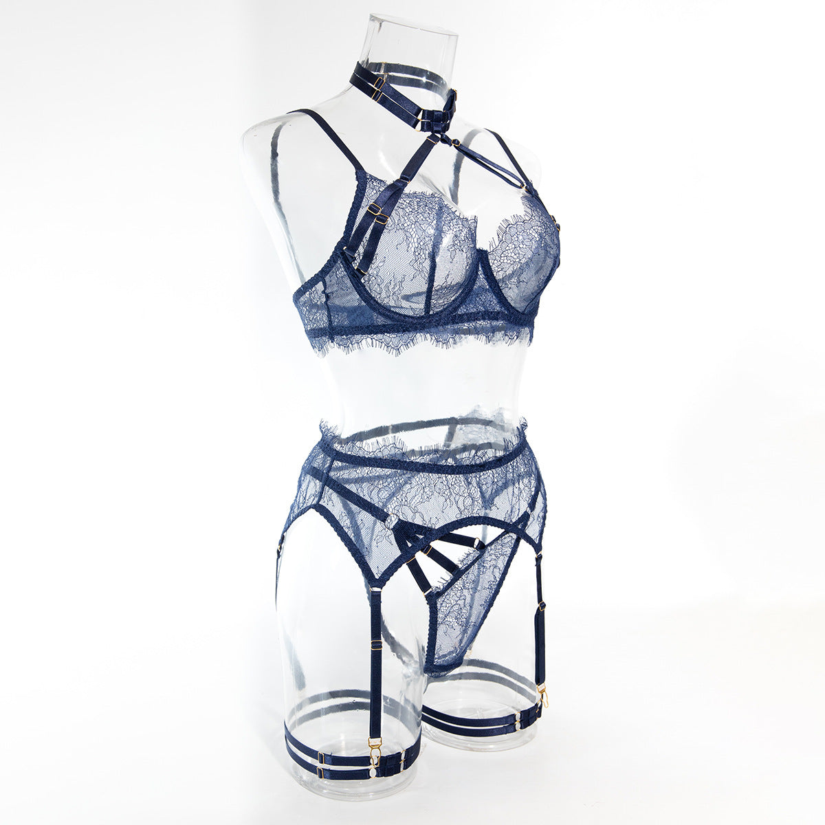 Side view of the Midnight Blue sheer lace and velvet harness set, showing the high-recovery stretch fit.