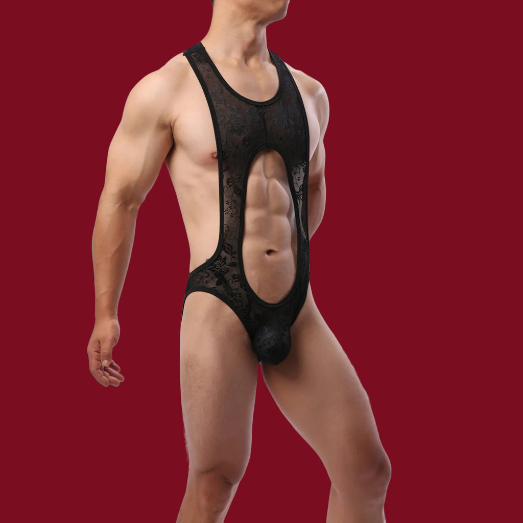 Men’s sheer lace bodysuit with contoured fit and open-front construction.