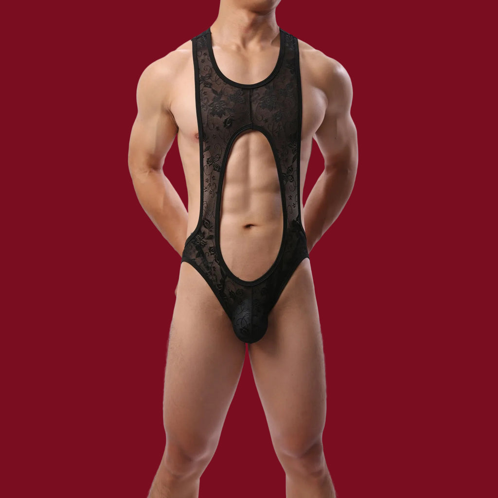 Men’s lace bodysuit with open-front design and racerback silhouette, front view.