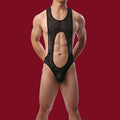 Men’s lace bodysuit with open-front design and racerback silhouette, front view.
