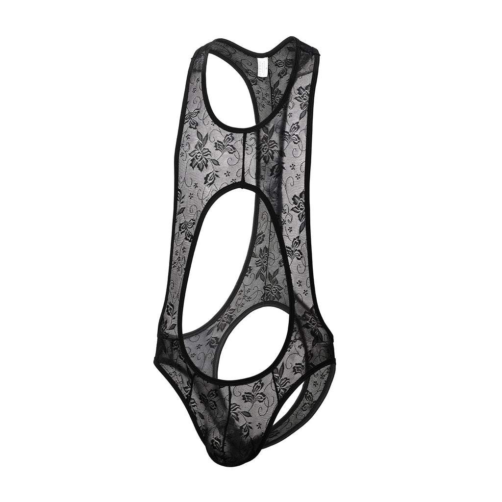 Men’s lace bodysuit with open-front detail and refined floral texture