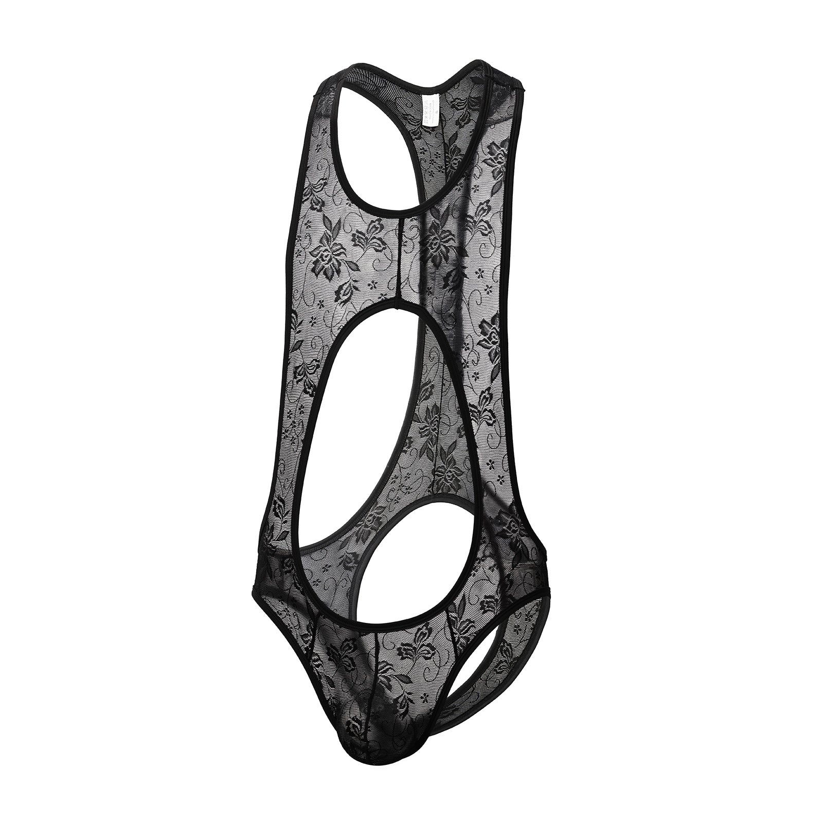 Men’s lace bodysuit with open-front detail and refined floral texture