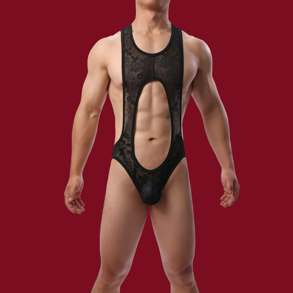 Men’s lace bodysuit highlighting sculpted silhouette and lightweight fabric.