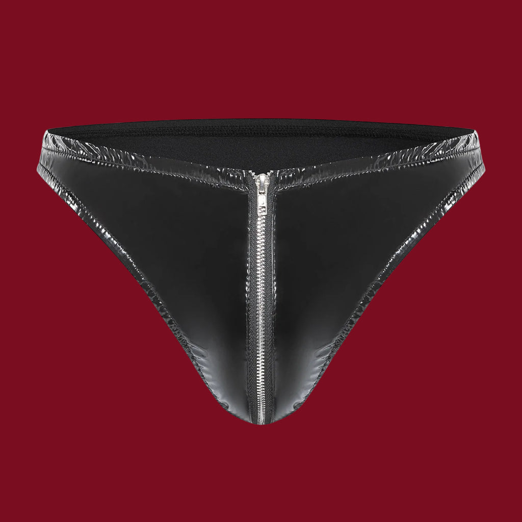 A slightly high-angle front shot that looks down into the contour of the pouch. This perspective highlights the 3D structure and the supportive lift of the non-stretch vinyl front.