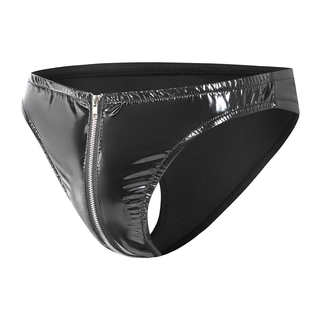 A side profile view showcasing the low-rise cut. It highlights the transition from the structured vinyl front to the soft-stretch side straps, emphasizing a clean, athletic silhouette.