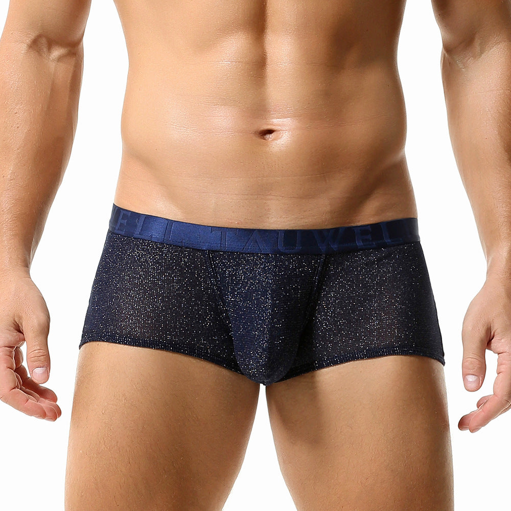 A direct front view of the Glimmer boxer in dark blue. The sheer metallic mesh is showcased against a white background, highlighting the contrast of the navy-toned shimmer and the structured TAUWELL waistband.