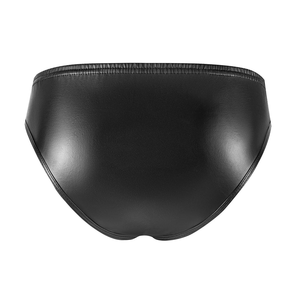 A rear view of the obsidian matte brief, emphasizing the smooth, leather-effect texture and the disciplined, body-defining fit.