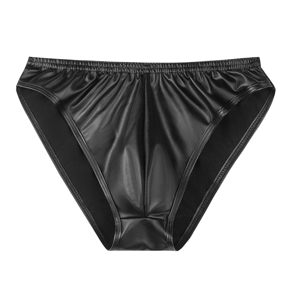 A top-down flat lay of the matte obsidian brief, displaying the soft-stretch waistband and the raw, non-reflective surface of the technical PU.