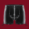 A 3D front view of the Trace Line vinyl shorts, showcasing the high-gloss obsidian finish, structured waist, and the central silver-tone zipper.