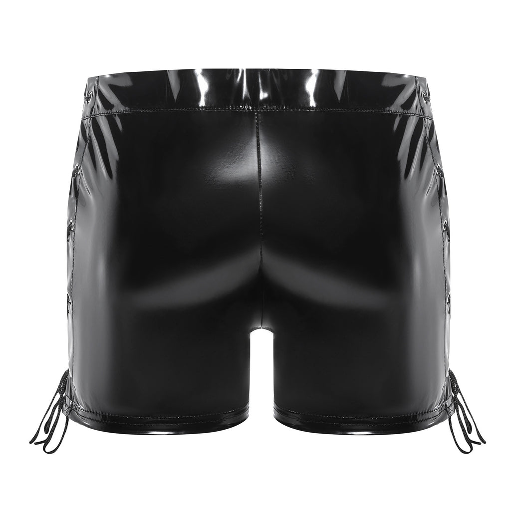 A 3D rear view of the Trace Line shorts, emphasizing the clean, body-defining silhouette and the seamless integration of the high-shine fabric.
