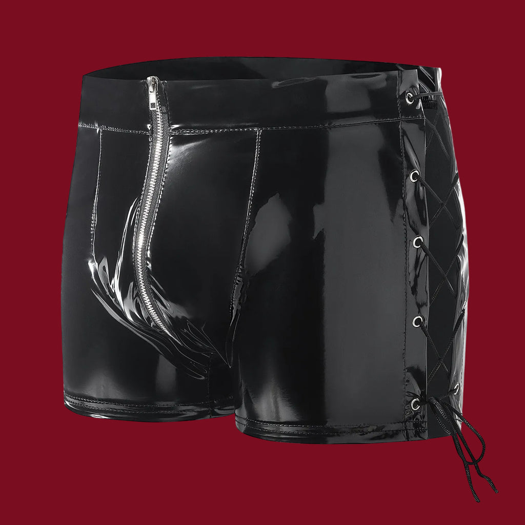 A 3D side profile of the Trace Line shorts, highlighting the hand-threaded lacing system and the architectural depth of the vinyl material.