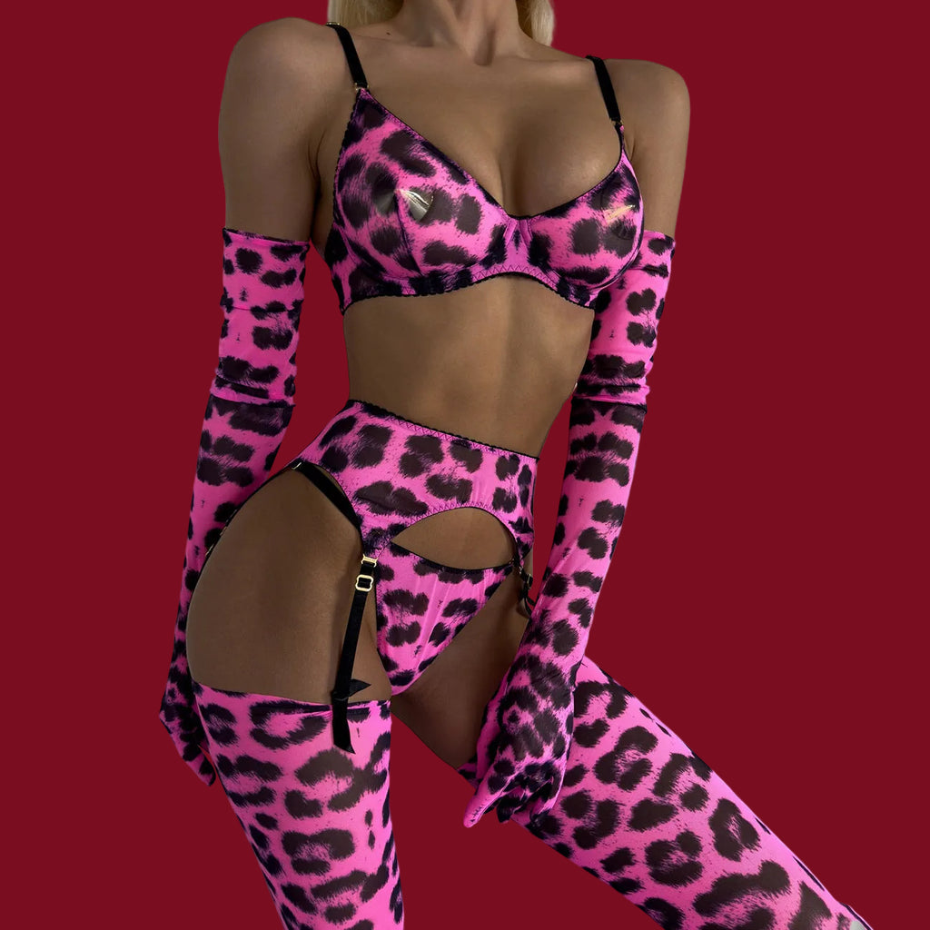 Close-up detail of vibrant pink leopard print mesh fabric texture on Neon Panther lingerie set.