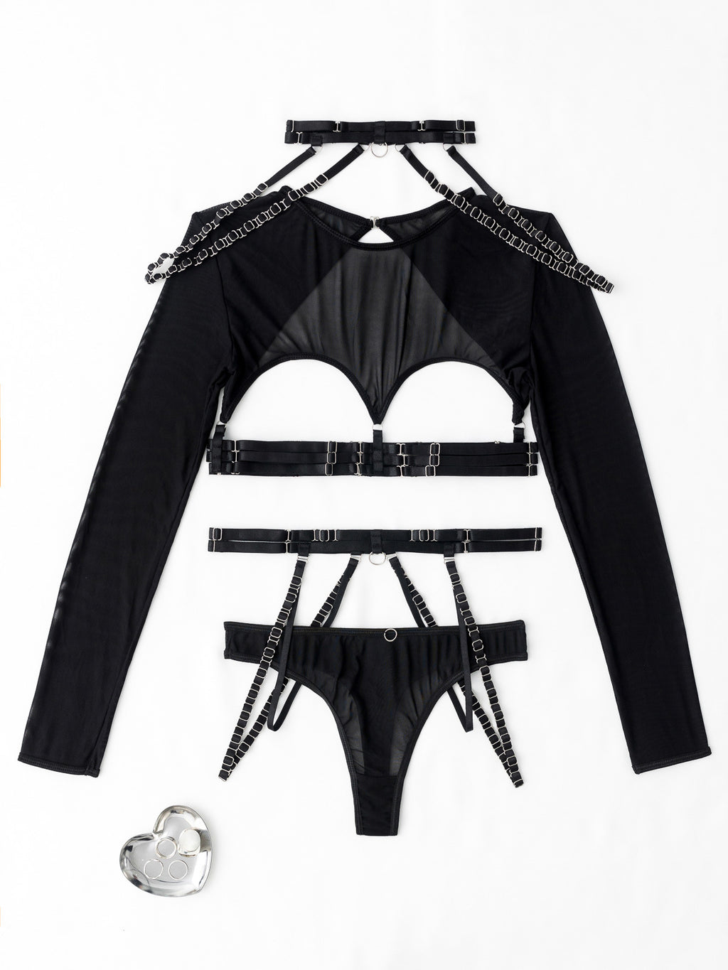 A clean flat lay of the full ensemble, showing the tactile quality of the mesh, the silver chains, and the choker.