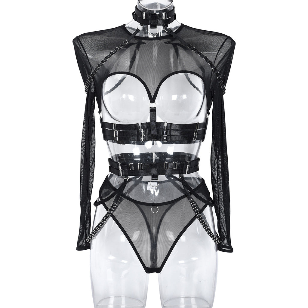 Front view on a transparent mannequin, illustrating the "floating" effect of the sheer crop top and the harness detail.