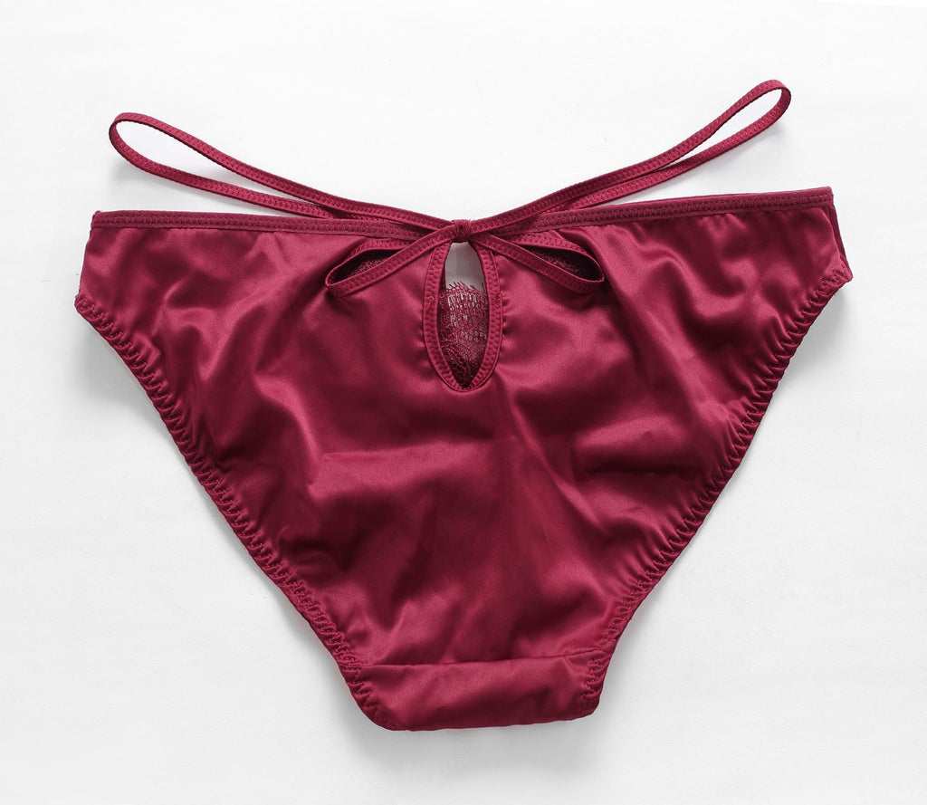 Back view of Wine red satin panty with lace keyhole and double straps.