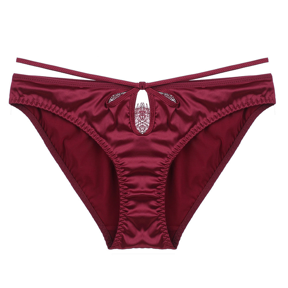 Front view of Wine red satin panty with lace keyhole and double straps.