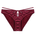 Front view of Wine red satin panty with lace keyhole and double straps.