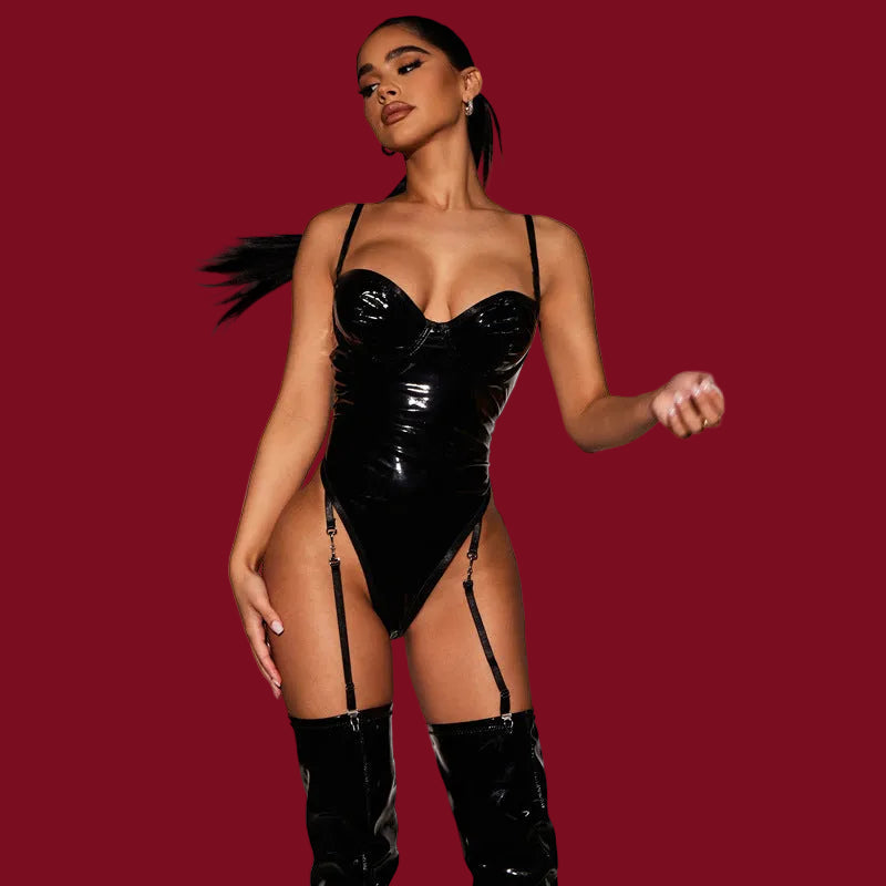 Noir Voltage lacquered vinyl underwire bodysuit with detachable garter lines shown in full silhouette.
