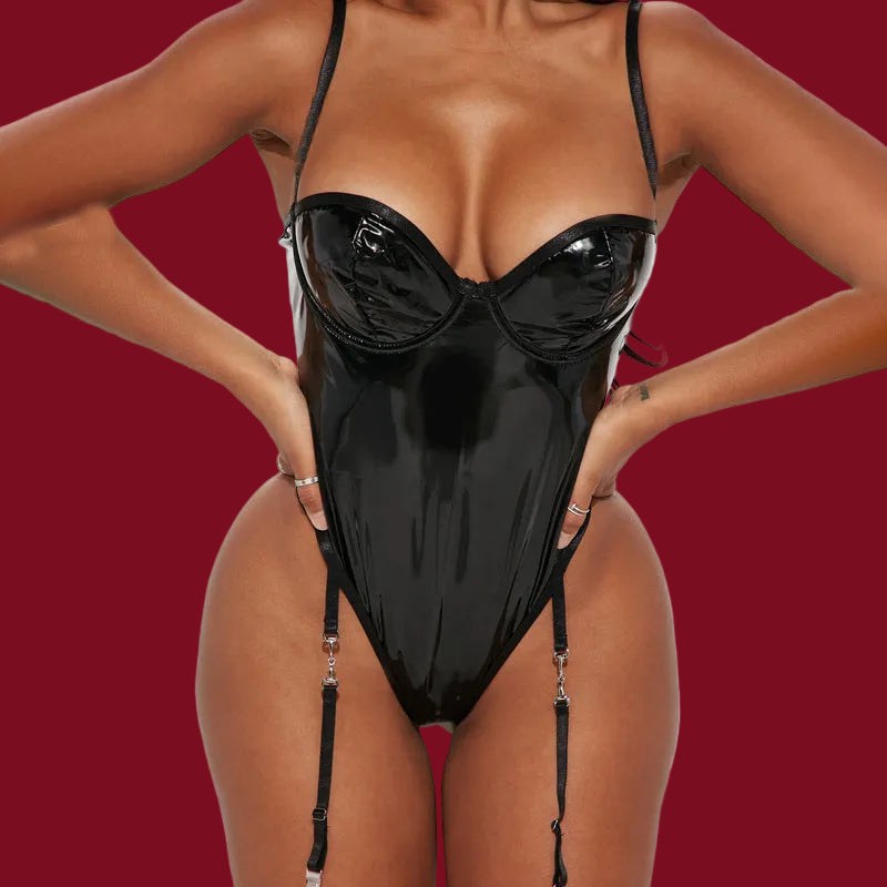 Front detail of Noir Voltage gloss vinyl underwire bodysuit highlighting sculpted neckline.