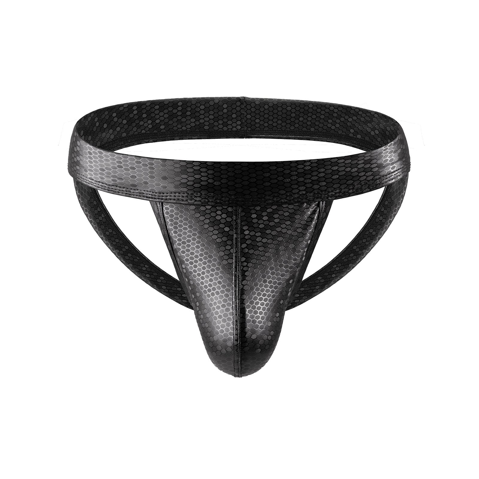 Textured leather-look jockstrap featuring a subtle reptile pattern and open-back cut.
