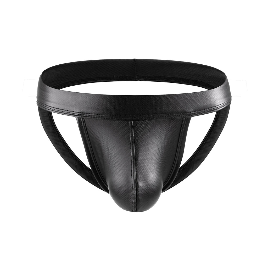 Smooth leather-look jockstrap with minimalist lines and supportive front design.