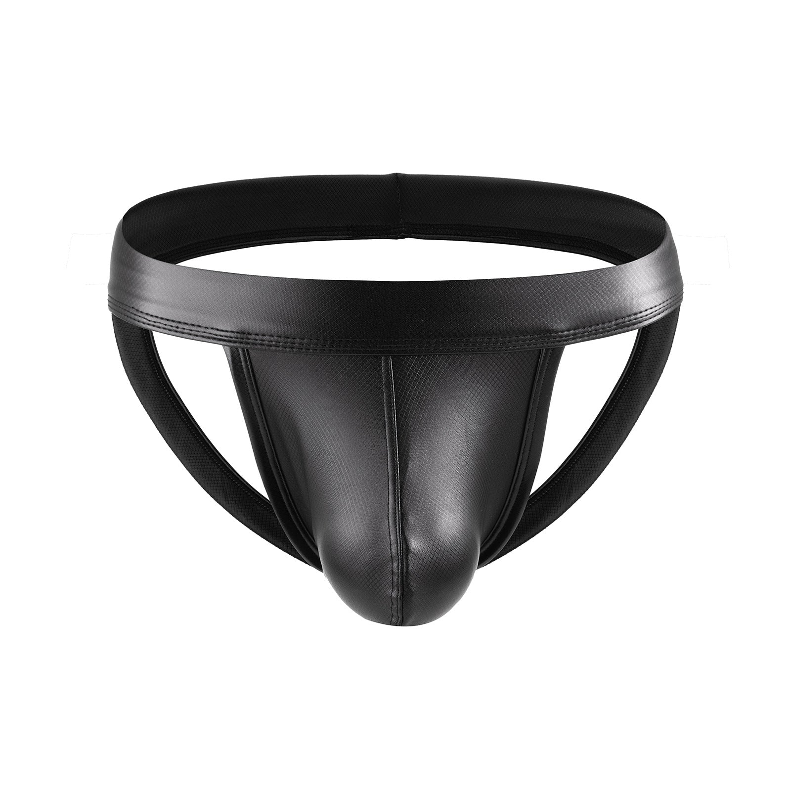 Smooth leather-look jockstrap with minimalist lines and supportive front design.