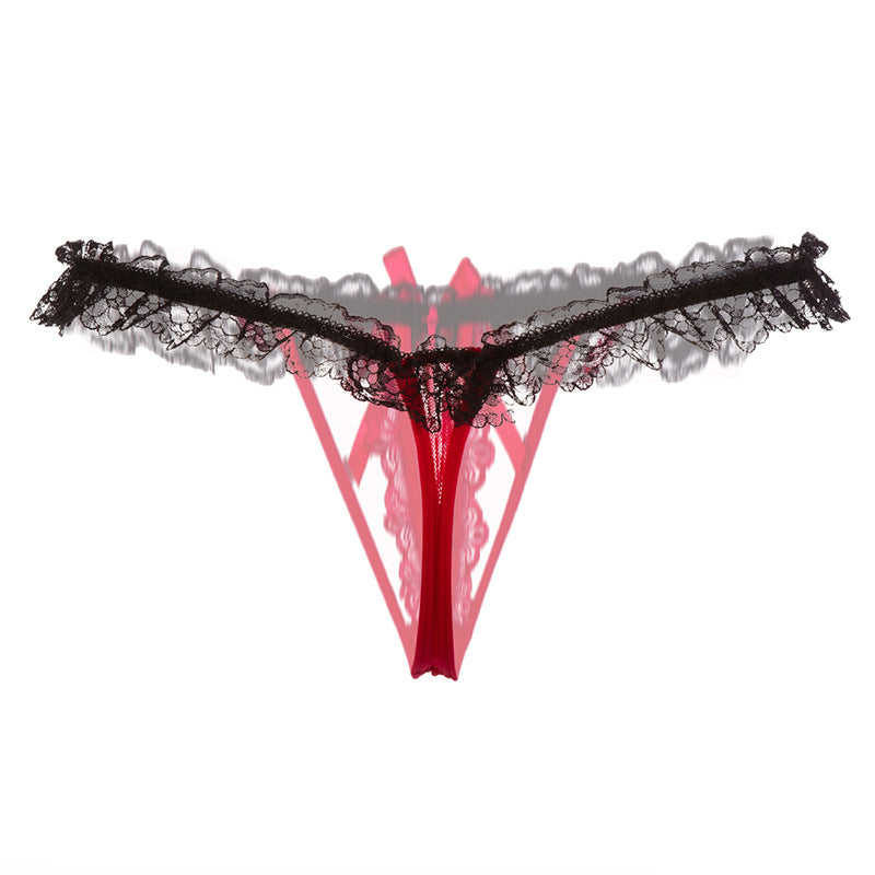 Back view of the Lyra open crotch pearl thong with black lace ruffles.