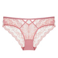 A front-facing studio shot of the Petal Frame briefs in dusty rose, highlighting the intricate floral lace and the signature geometric waist cut-out.