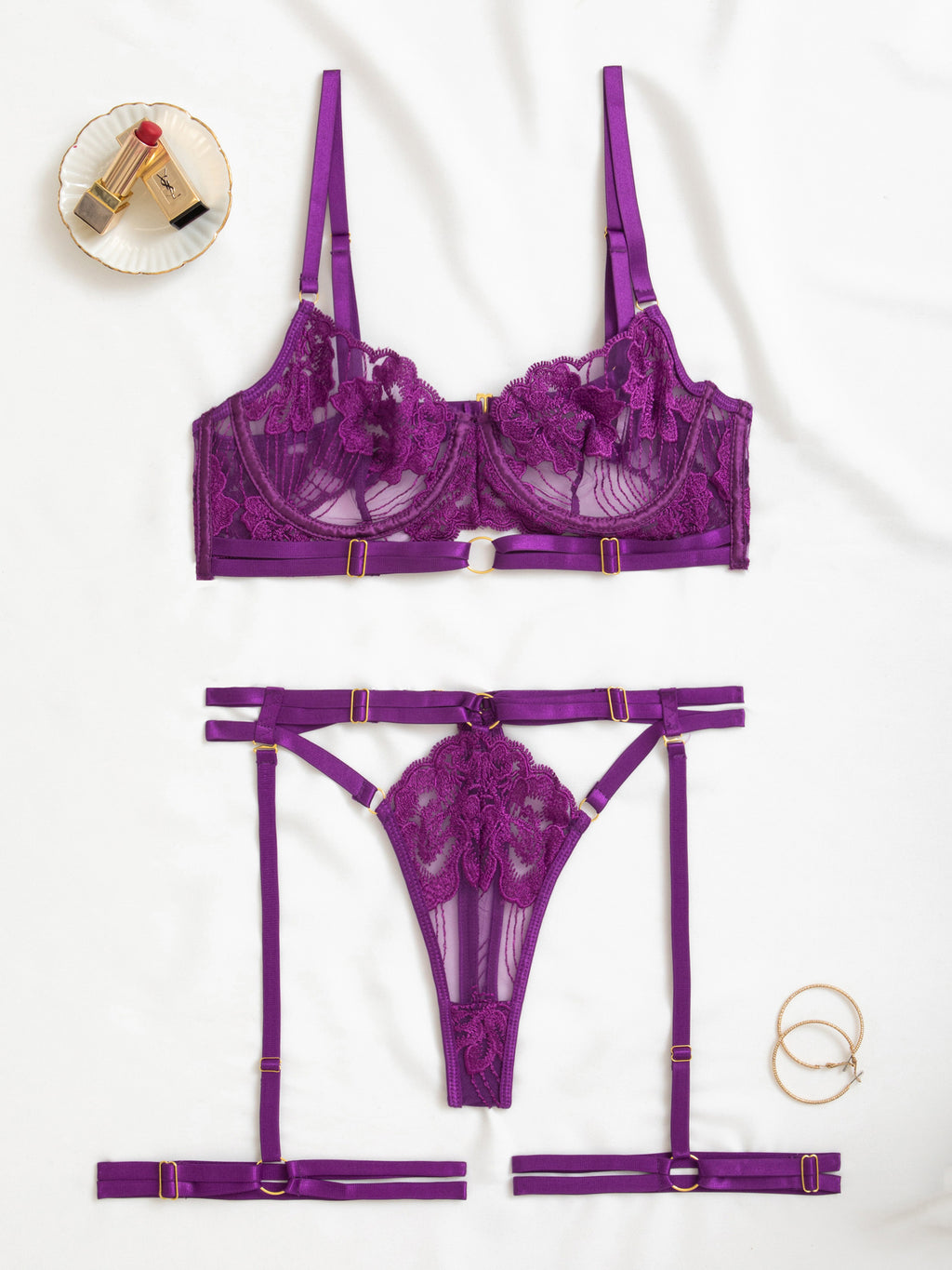 Regal Purple 3-piece set showcasing botanical embroidery against a white background.