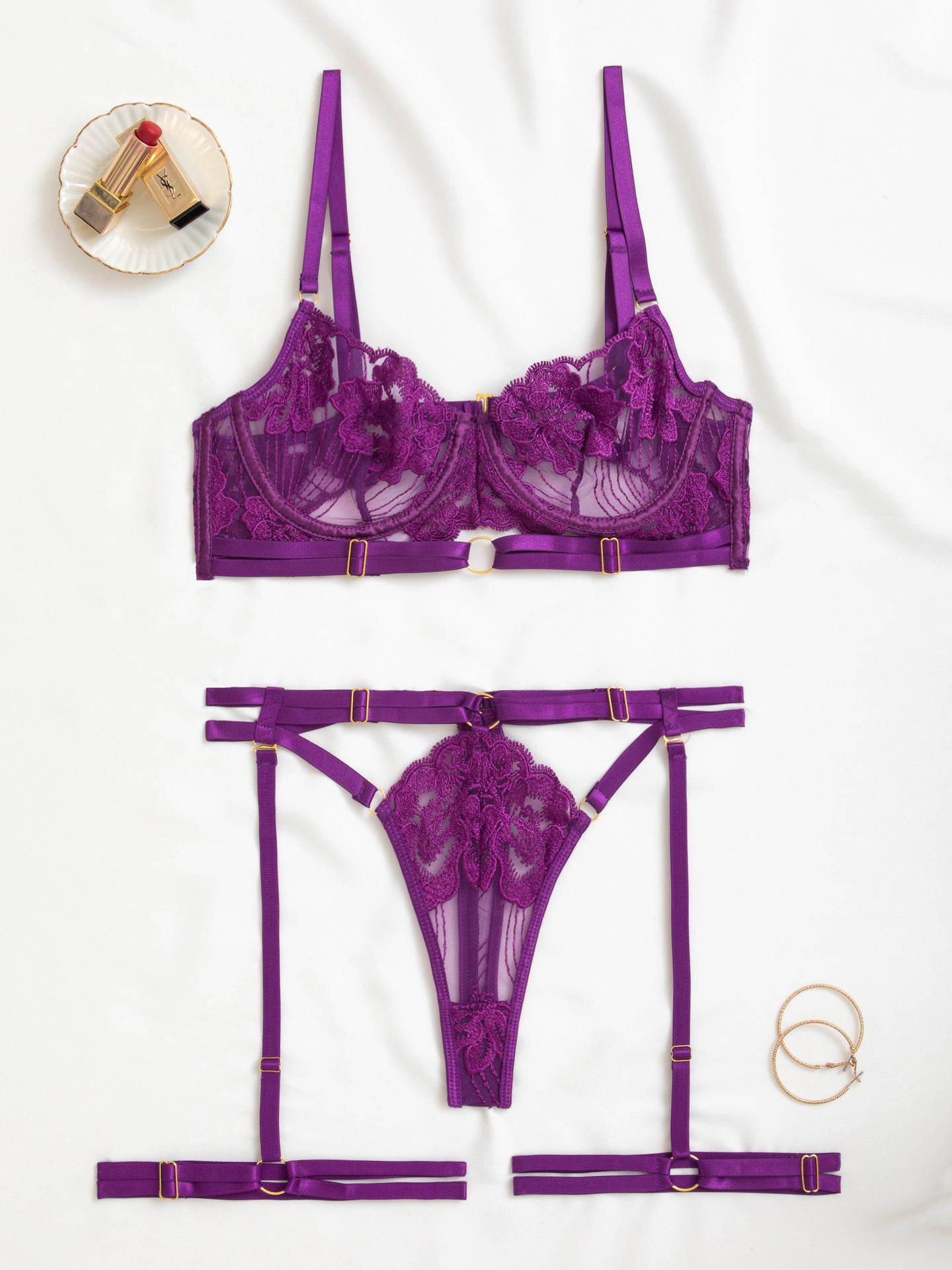 Regal Purple 3-piece set showcasing botanical embroidery against a white background.