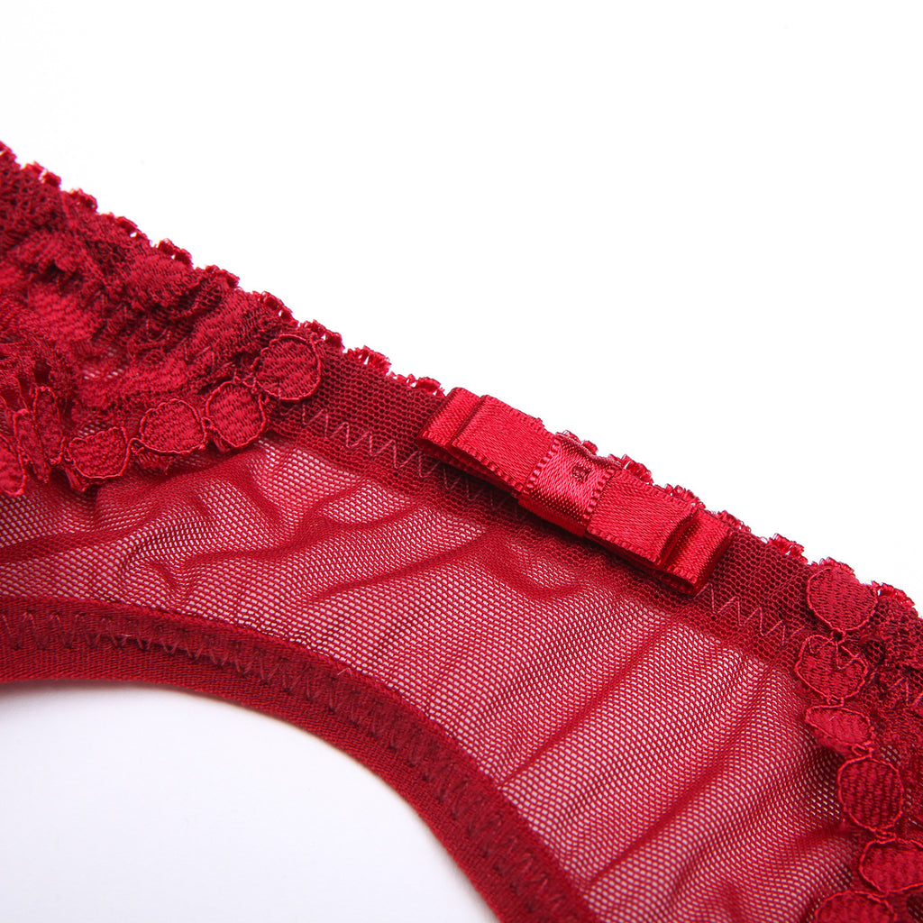 Detailed texture of the red floral lace and mesh construction on the Lace Echo ensemble.