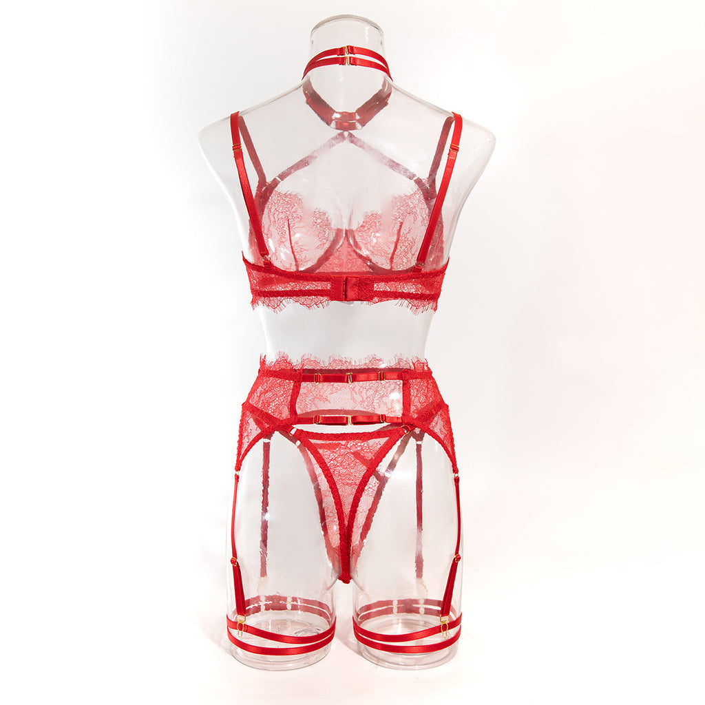 Side profile of the Crimson Red set on a mannequin, showcasing the high-waisted garter belt and harness silhouette.