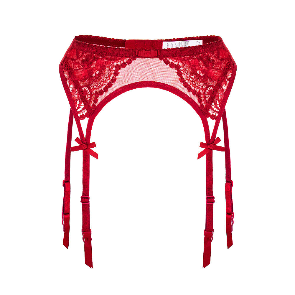 Crimson red lace garter belt featuring intricate floral embroidery and sheer mesh paneling.