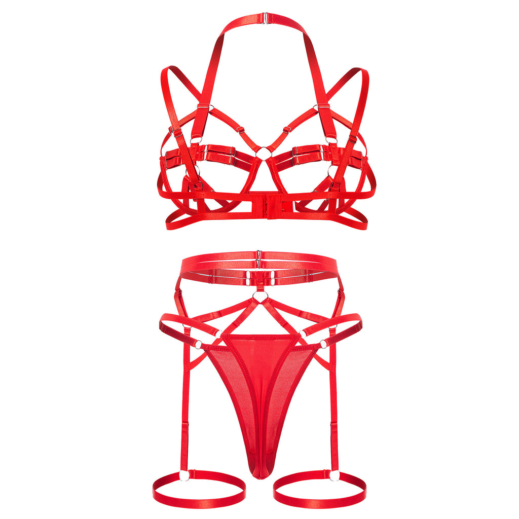 Back view on a transparent mannequin, illustrating the "floating" geometric effect of the scarlet 3-piece set.