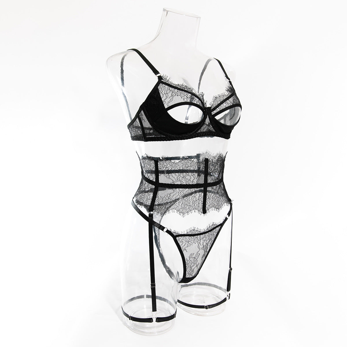 A side profile on a transparent mannequin, emphasizing the sculptural lift of the bra and the seamless transition of the leg-lengthening garter straps.