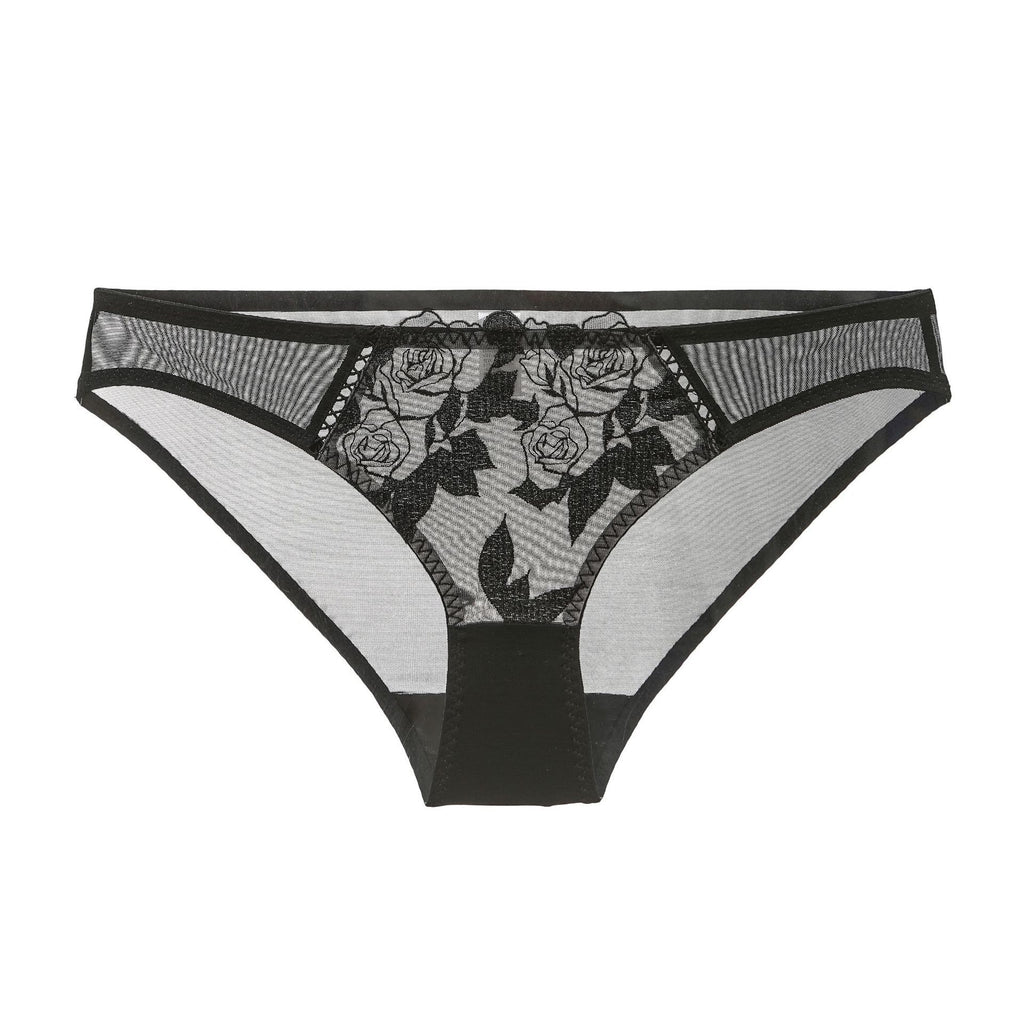 Front view of the black Rosaine sheer mesh brief with rose embroidery. 
